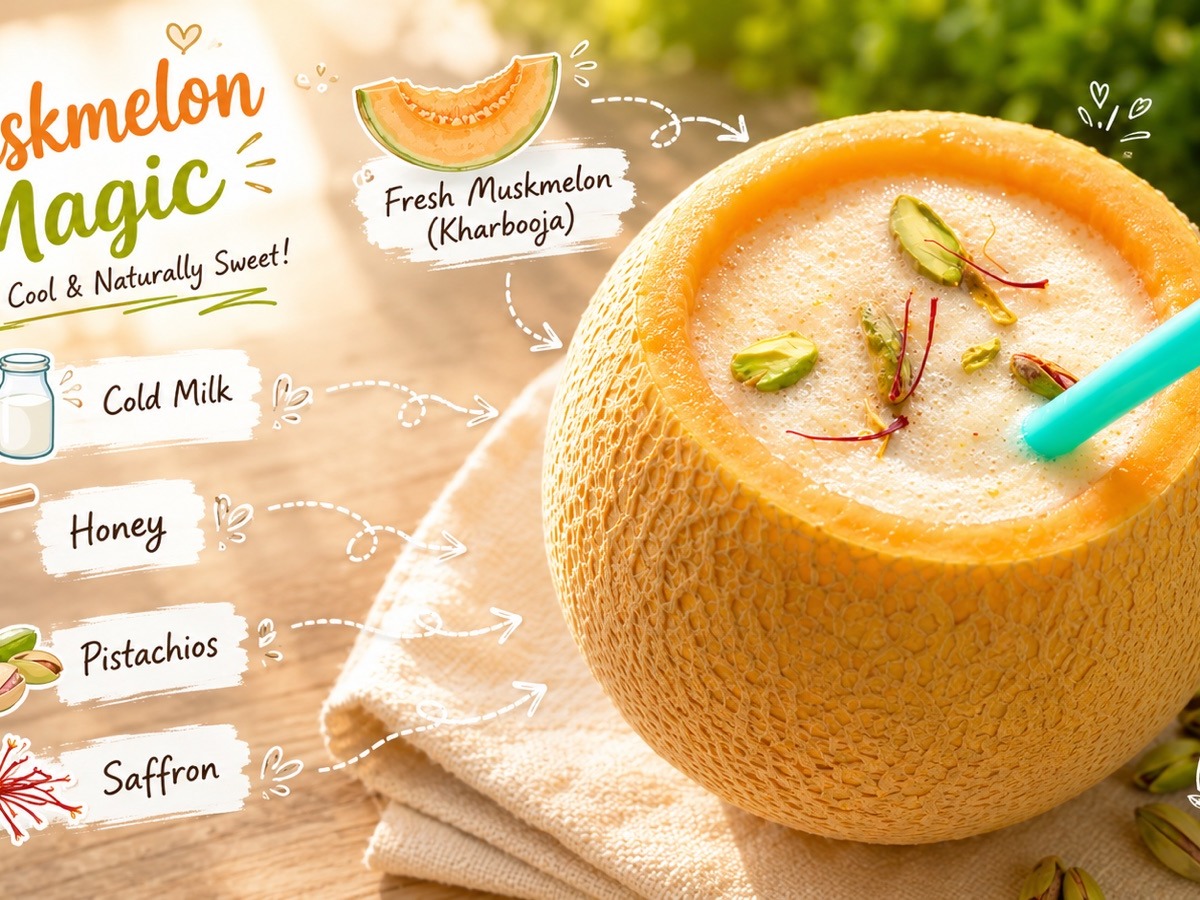 Creamy muskmelon milkshake served in a hollowed muskmelon shell, garnished with pistachios and saffron