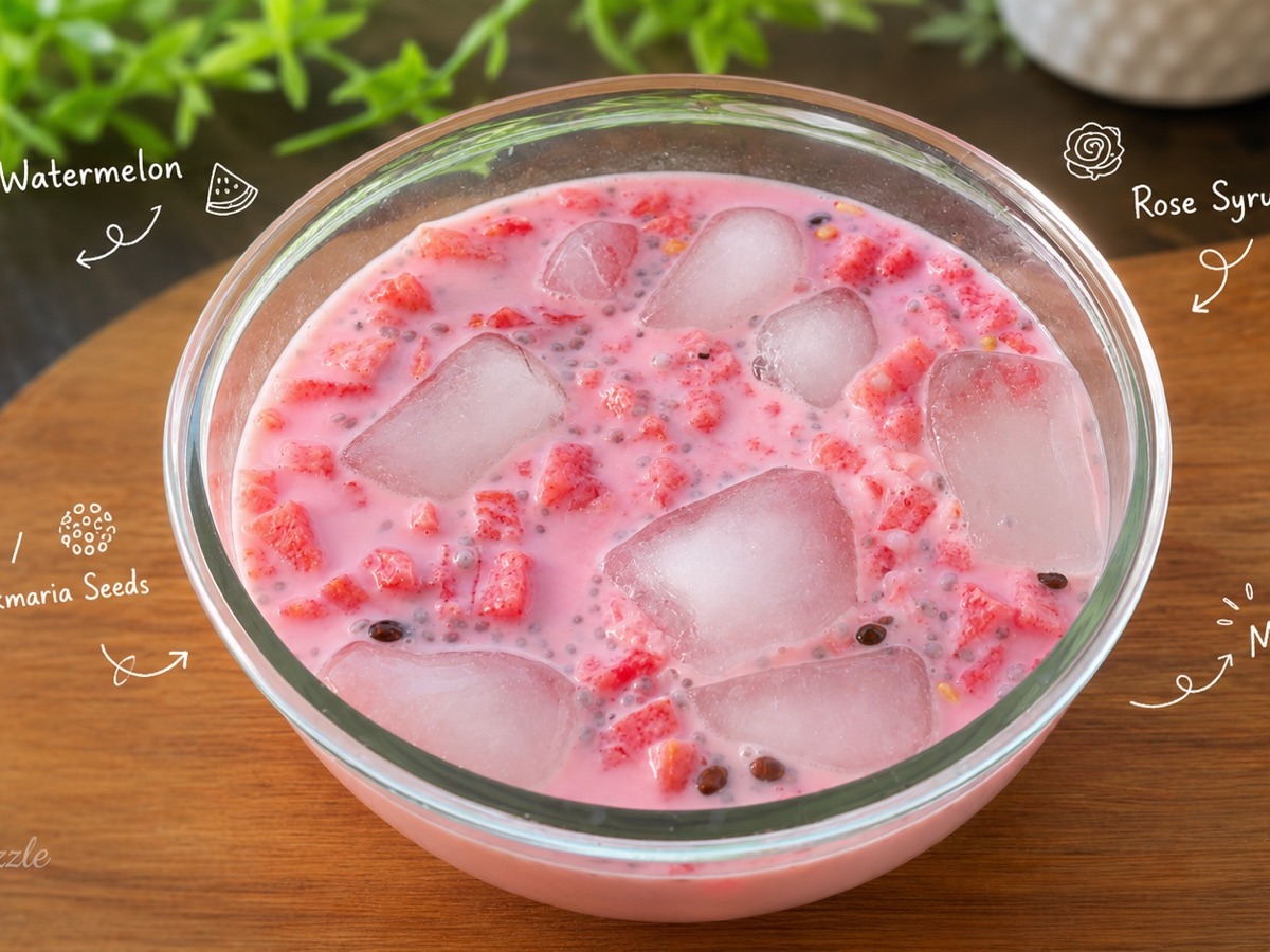 Mohabbat ka sharbat — chilled watermelon rose milk drink with sabja (basil) seeds