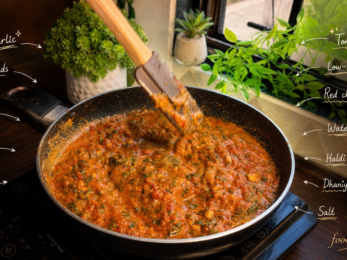 Dhaba-style lasooni methi sabzi — a zero-oil garlic and fenugreek curry finished with low-fat dahi