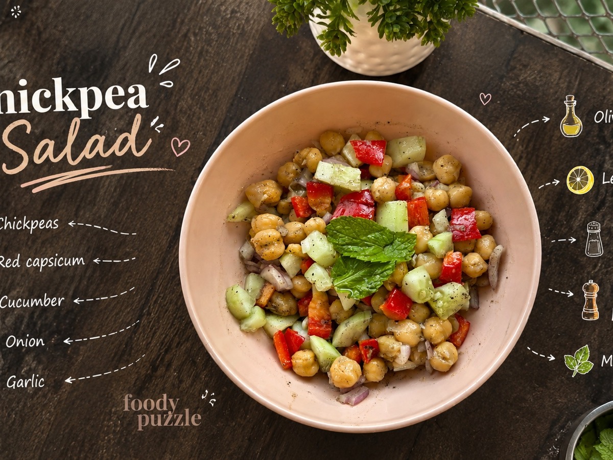 A high-protein chickpea salad with capsicum, cucumber, onion, olive oil, lemon and fresh mint