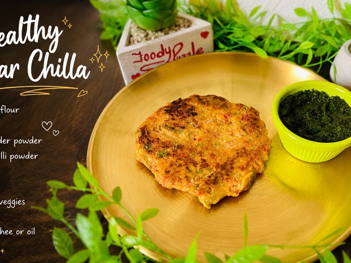 Healthy jowar chilla — a sorghum-flour veggie pancake cooked in a little ghee, served with green chutney