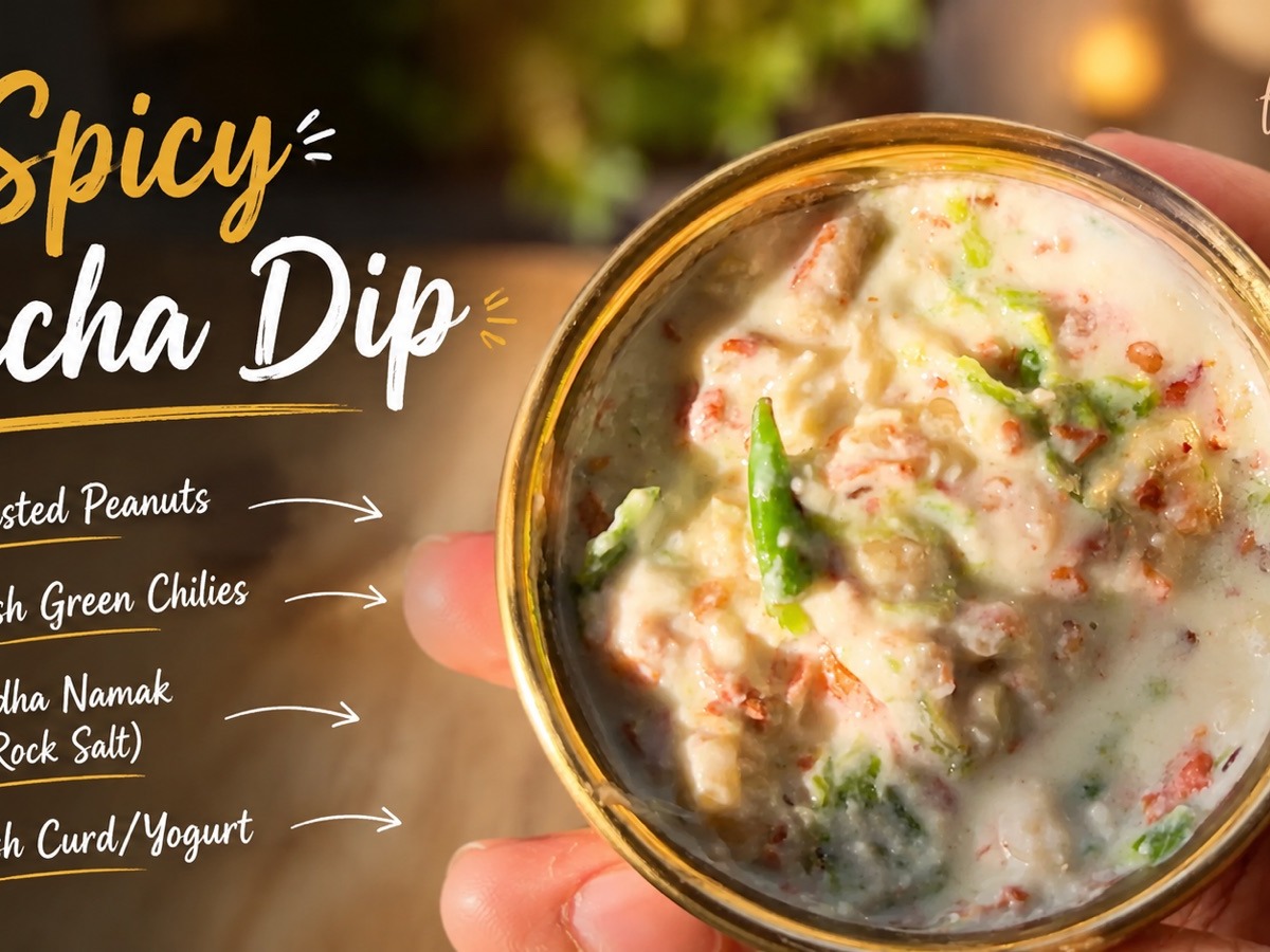 Spicy farali peanut thecha — a creamy vrat chutney of roasted peanuts, green chilli, curd and sendha namak
